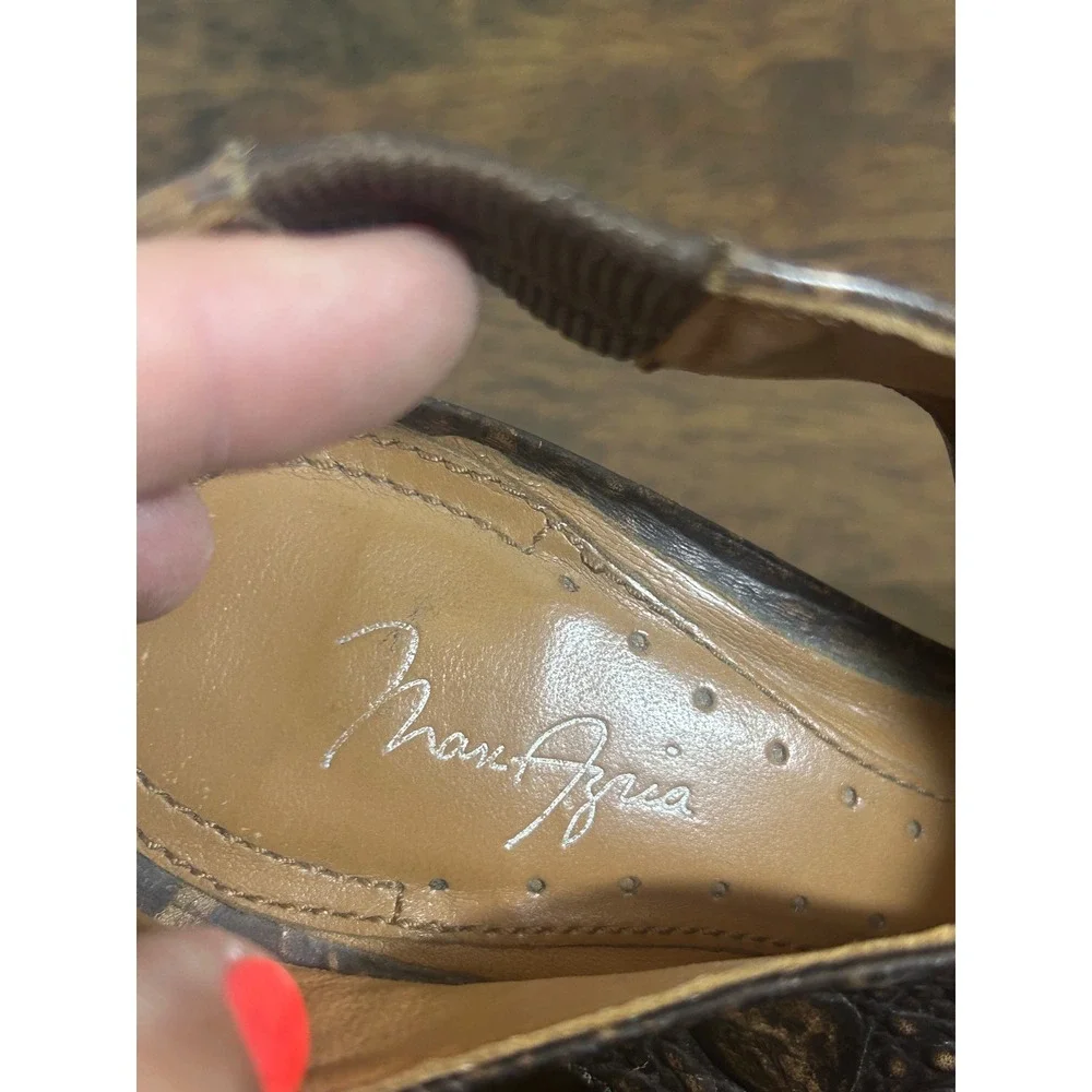 Max Azria Brown Croc Embossed Leather Platform Slingback Peep Toe Heels Size 7.5